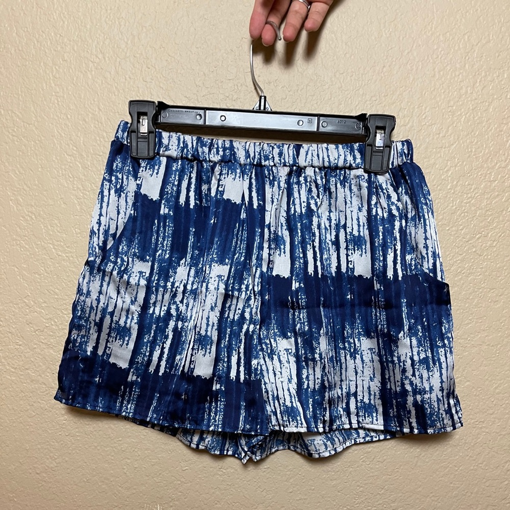 blue and white tie die shorts